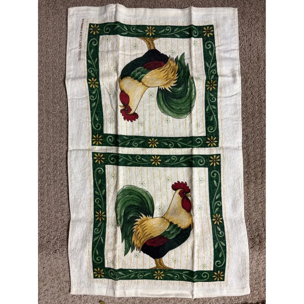 Franco Rooster Kitchen Towels Set of 2 Farmhouse French Country Cream Green Red